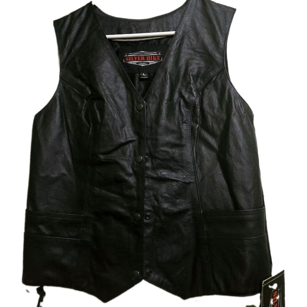 Silver Bike Leather Vest Mens L Black Gun Pocket Genuine Leather Lace Sides